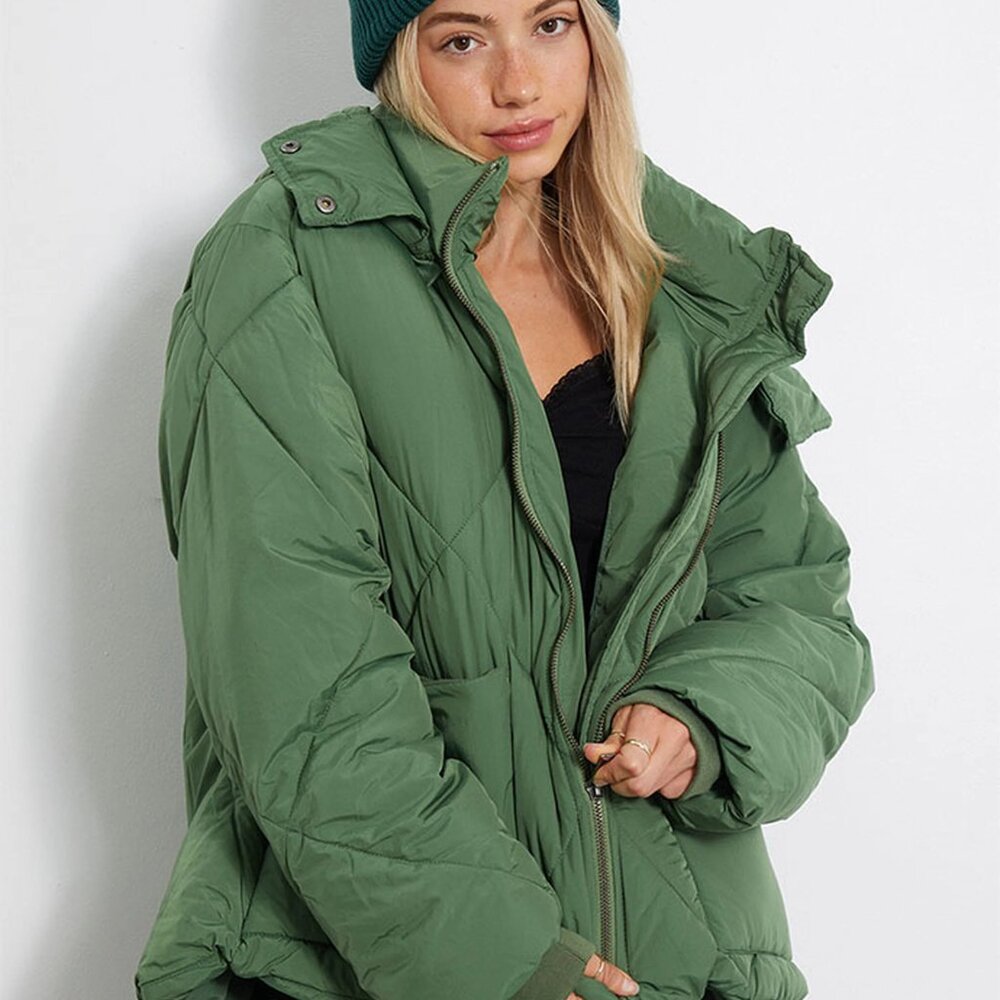 Free People Green Emmy Swing Puffer Jacket Hooded Full Zip Size L